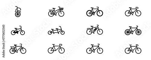 Set of Twelve Minimalist Line Art Bicycle Icons in Grid Layout