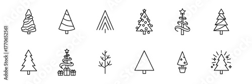 Set of Ten Minimalist Christmas Tree Icons in Line Style