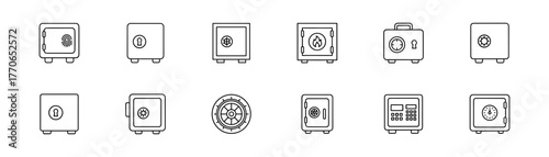 Safe icons set in line art style with various designs and mechanisms
