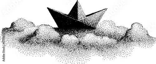 Tranquil black and white paper boat floating on water with halftone effect