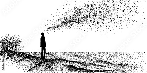 Contemplative figure on icy terrain in halftone dotwork design