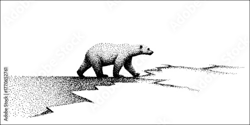 Polar bear walking across arctic ice in black and white dotwork illustration for nature conservation design