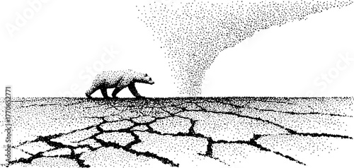 Polar bear walking across cracked terrain in dotwork style illustration