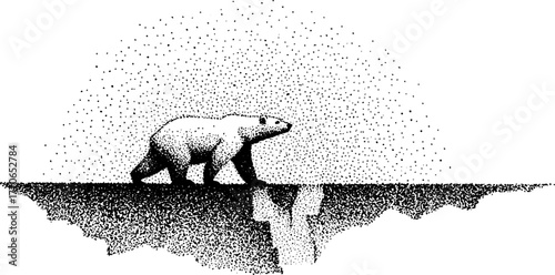 Polar bear walking on arctic terrain in stipple black and white art