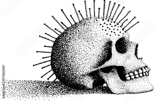 Punk skull with spiked mohawk illustration in black and white design