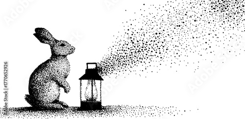 Rabbit and lantern in stipple art: enchanting nocturnal scene for artistic designs