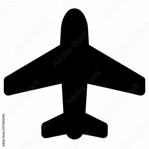 Stylized black silhouette of a airplane flying straight ahead on white background