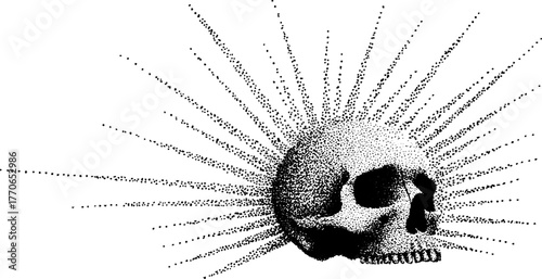 Radiant sunburst behind a skull: vintage black and white design for art prints and posters