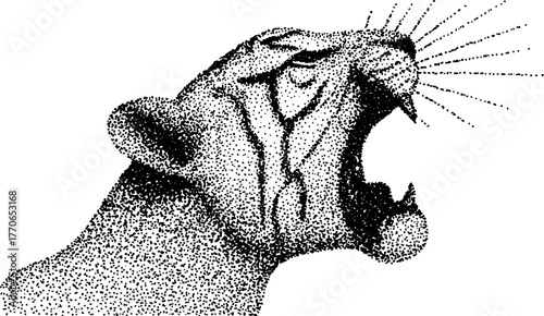 Intense roaring tiger face in black and white dotwork design for print and decor