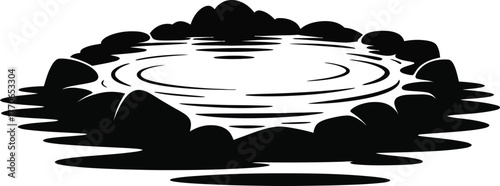 Black silhouette of a natural hot spring with steam and vegetation