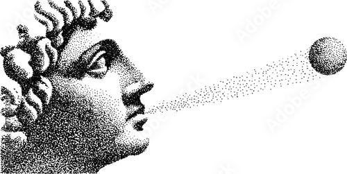 Roman bust blowing bubble – vintage halftone art for creative design