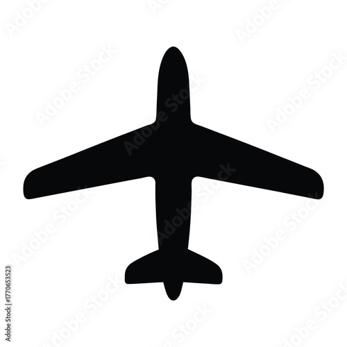 Simple black and white illustration of an airplane taking off in flight