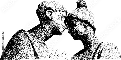 Roman busts in whispering pose - vintage black and white dotwork illustration for artistic design