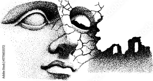 Roman bust with cracks in black and white halftone illustration