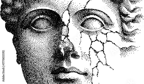 Roman bust art with crack details in vintage halftone style