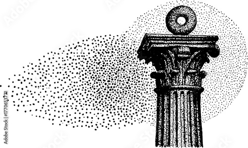 Black and white roman column with donut motif in halftone design for art print