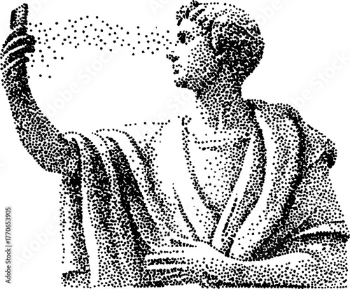 Roman emperor taking selfie - black and white dotwork illustration for vintage art design