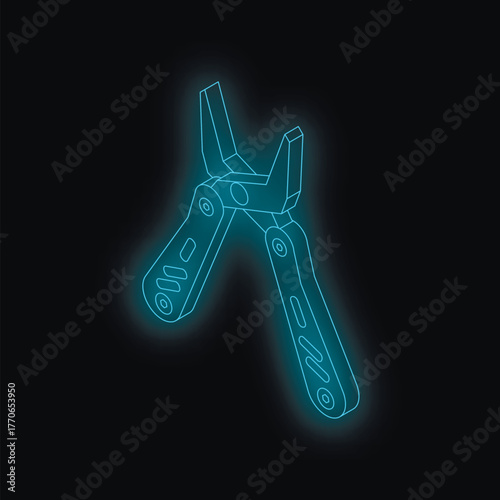Neon blue multi tool pliers glowing on a dark background, representing concepts of repair, diy, and hand tools