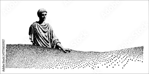 Black and white illustration of a roman figure with dotwork technique for artistic design
