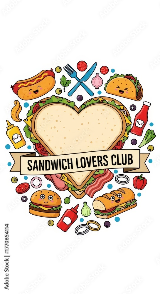 Fototapeta premium Heart-shaped sandwich with cartoon hot dog, taco, burger, and sub around it. Food lover club concept illustration for restaurant menu or social media post.