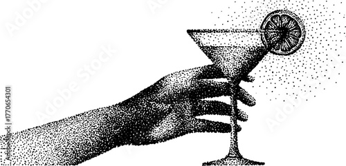 Roman hand holding a classic cocktail in vintage dotwork style for design and poster art