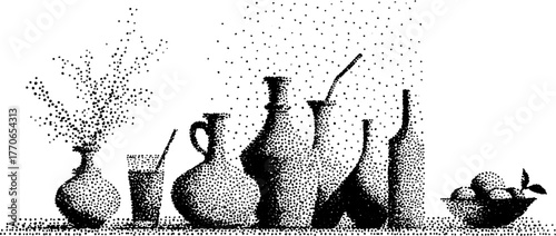 Roman kitchen scene: vintage black and white dotwork illustration for historical design