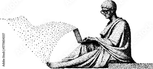 Roman philosopher with laptop in black and white dotwork style