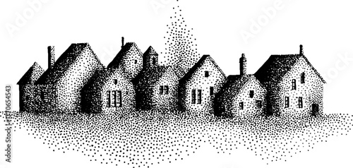 Black and white townhouses illustration with halftone vintage effect for print or poster design