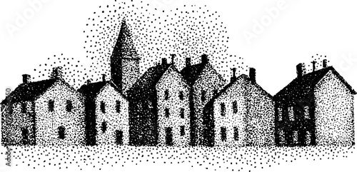 Black and white vintage illustration of townhouses in stipple effect