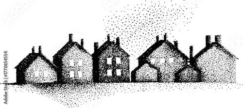 Vintage black and white row of townhouses in stipple dotwork style for artistic design