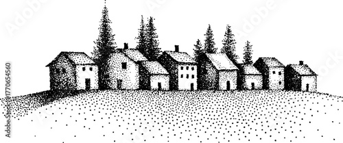 Black and white stipple illustration of townhouses on a hillside with pine trees