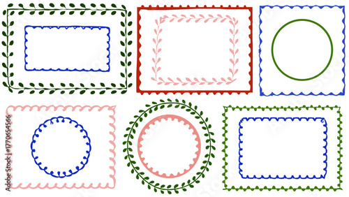 Doodle coastal frame set, hand drawn colorful border collection. Elegant retro empty banner, poster, placard, postal stamp. Doodle frame décor. 
