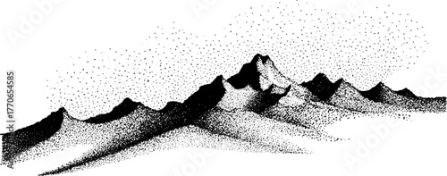 Black and white rugged mountain ridge with dotwork effect for nature-themed designs