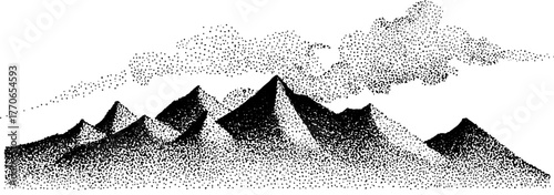 Rugged mountain ridge in black and white stipple art