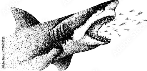 Black and white shark illustration with wide open jaw in vintage stipple style