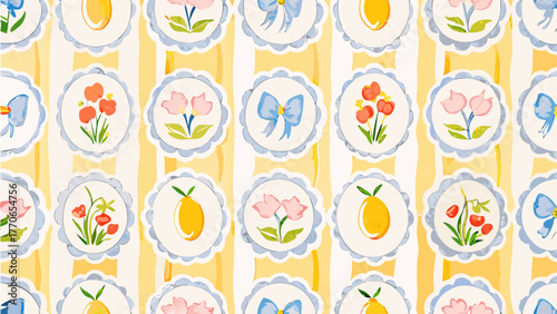 Italian seamless vector pattern with butterfly, lemon, flower, cherriy, bow, cameo, in vintage frame. Stripes make it perfect for fabric, wrapping, and spring.