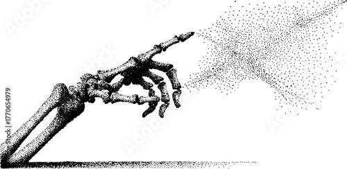 Skeleton hand pointing upward in black and white dotwork illustration