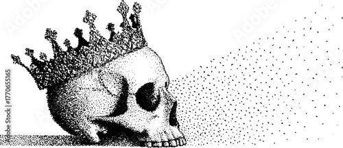 Regal skull with ornate crown in black and white stipple design for artistic display