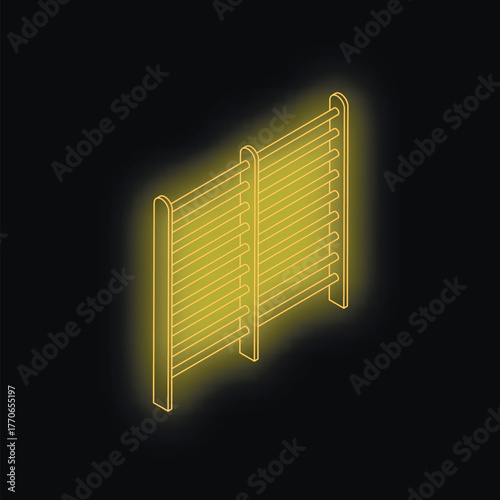 Isometric view of neon yellow glowing swedish wall bars on black background