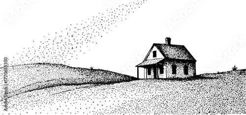 Rustic countryside scene with small house silhouette in stipple art style
