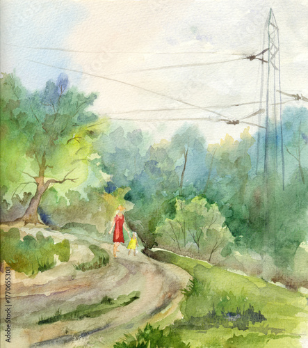 Watercolor landscape. Road in the forest.