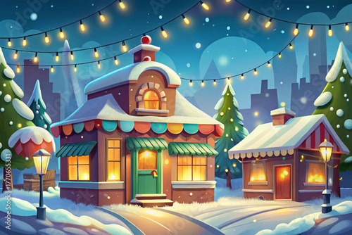 Urban street covered in snow decorated with glowing Christmas lights and cozy shops