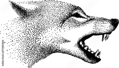 Close-up of a snarling wolf in black and white pointillism art