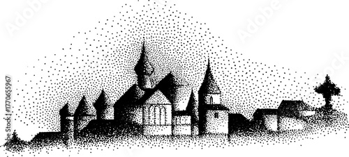 Black and white stained glass inspired illustration of gothic architecture scene