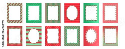 Christmas whimsical stripe frame, Xmas vintage bachelorette border, menu frame red and green color. Pretty groovy invite for party. New Year decorative card isolated on bg. Holiday vector illustration