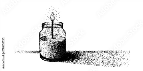 Black and white illustration of a tall scented candle in glass - vintage home décor design