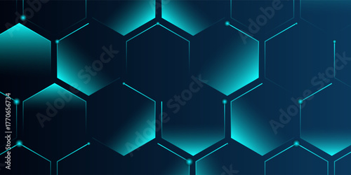 Abstract hexagon blue background banner futuristic business data technology modern concept, polygon shape lines connecting link dark blue contrast
