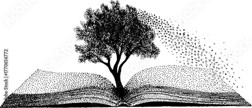 Enchanting tree growing from open book in dotwork style for educative designs