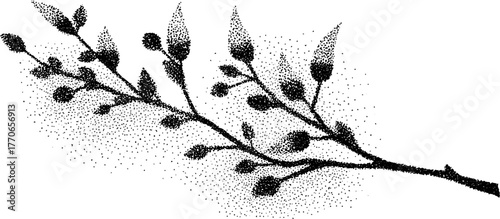 Vintage black and white illustration of frosty twig with dotwork texture