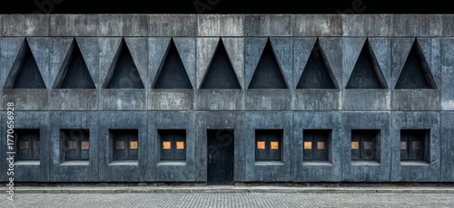 Fototapeta Naklejka Na Ścianę i Meble -  The building is made of concrete and has a lot of windows. The windows are small and the building is very tall